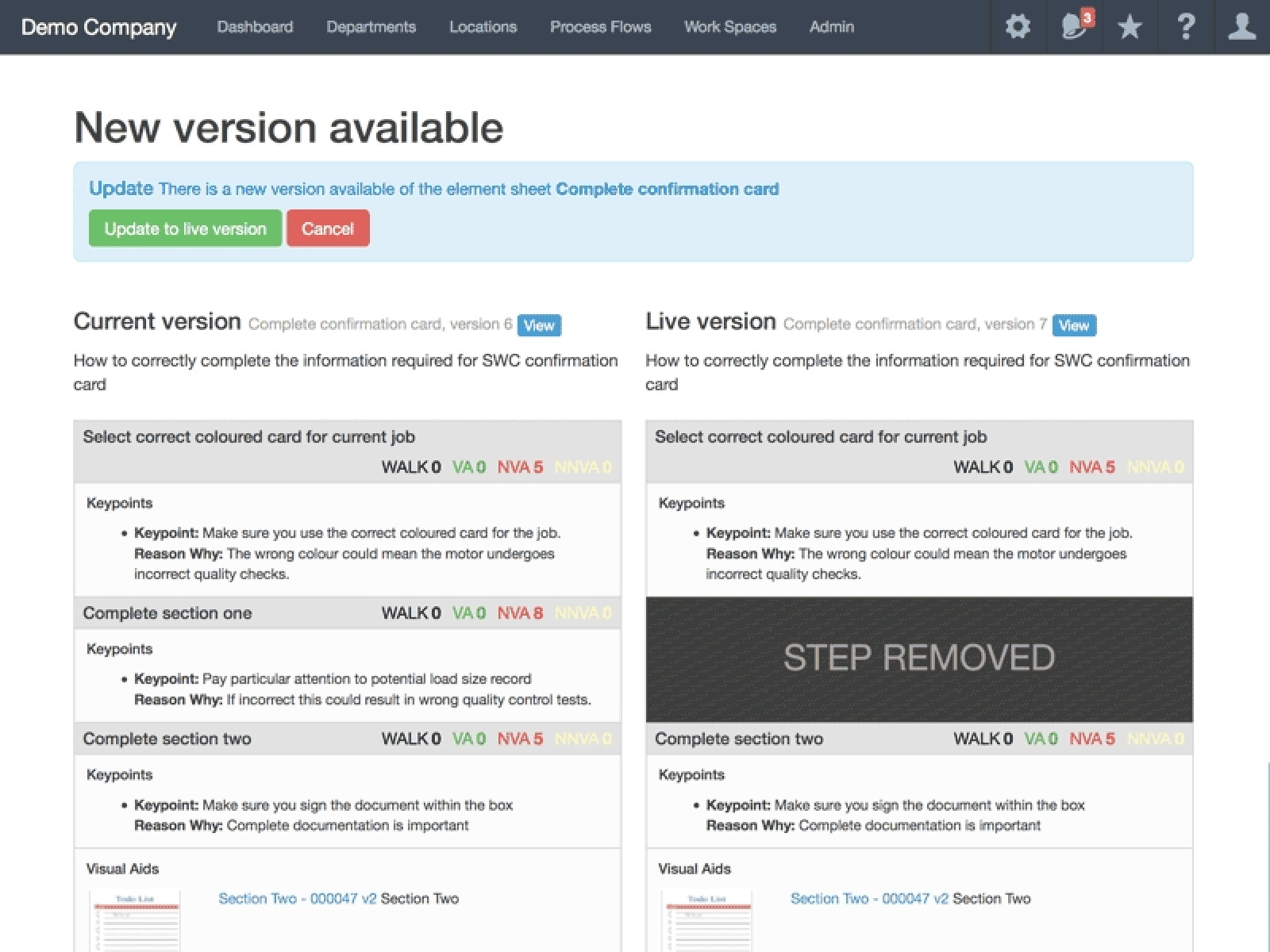 Comparing Versions of Standardised Work